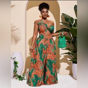 SHEIN Orange and Green One-Shoulder Jumpsuit